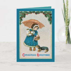 Vintage-Weihnachtsmädchen-und-Haustiere-Karte Feiertagskarte