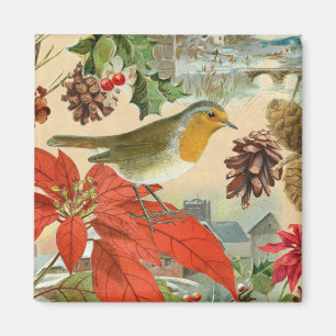 Vintage-Weihnachtsmagnet m/ Vogel und Blumen Magnet
