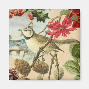 Vintage-Weihnachtsmagnet mit Vogel und roter Blume Magnet