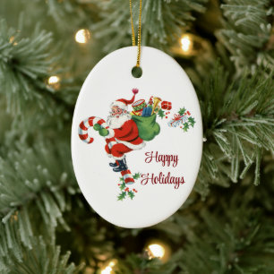 Vintage Weihnachtsmann auf einem Lutscher-Ornament Keramik Ornament