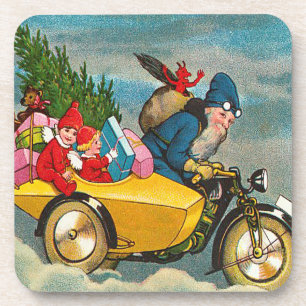 Vintage Weihnachtsmann auf Motorrad Set Untersetze Untersetzer