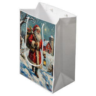 Vintage Weihnachtsmann auf schneebedecktem Bauernh Mittlere Geschenktüte