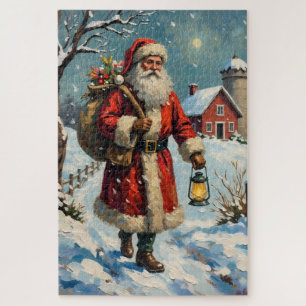 Vintage Weihnachtsmann auf schneebedecktem Bauernh Puzzle