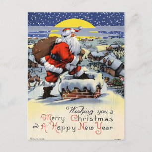 Vintage Weihnachtsmann auf schneebedecktem Dach Postkarte