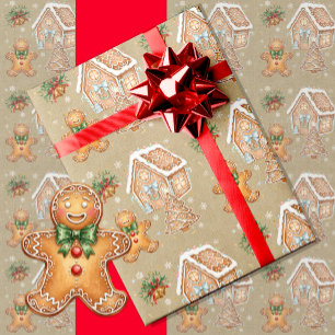 Vintage-Weihnachtsmann aus Lebkuchen, Haus, Baum, Geschenkpapier