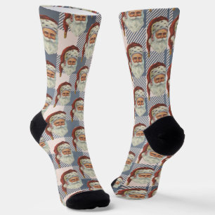 Vintage-Weihnachtsmann Blau-Weiß-Gingham-Muster Socken