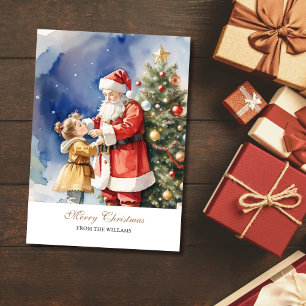 Vintage-Weihnachtsmann & ein Mädchen personalisier Feiertagskarte