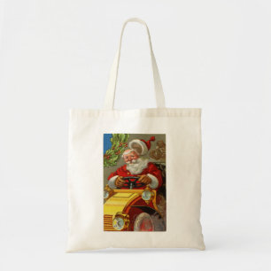 Vintage-Weihnachtsmann fährt ein gelbes Auto Budge Tragetasche