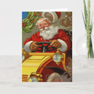 Vintage-Weihnachtsmann fährt ein gelbes Auto Grußk Feiertagskarte