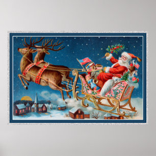 Vintage-Weihnachtsmann fliegt Schlitten Plakat
