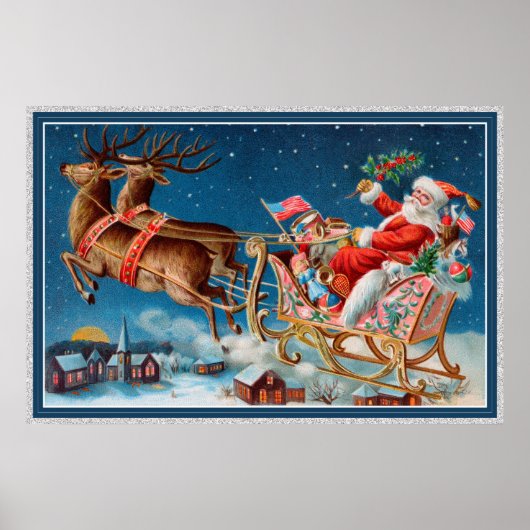 Vintage-Weihnachtsmann fliegt Schlitten Plakat (Vorne)