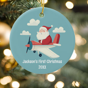 Vintage-Weihnachtsmann-Flugzeug-Wolken-Junge-Weihn Keramik Ornament