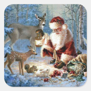 Vintage Weihnachtsmann füttert Tiere Quadratischer Aufkleber