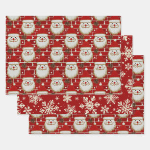 Vintage-Weihnachtsmann-Gesichter auf Ziegelsteinen Geschenkpapier Set