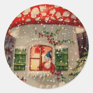 Vintage Weihnachtsmann-Gnom im Pilzhaus Runder Aufkleber