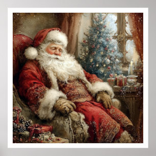 Vintage-Weihnachtsmann-Illustrationsstil im Schlaf Poster