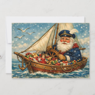 Vintage Weihnachtsmann im Boot mit Geschenken Feiertagskarte