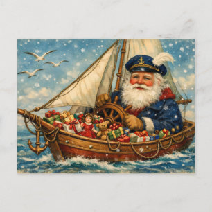 Vintage Weihnachtsmann im Boot mit Geschenken Postkarte