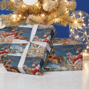 Vintage Weihnachtsmann im Schlitten fliegt über da Geschenkpapier