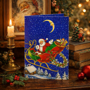 Vintage Weihnachtsmann im Schlitten gefaltetes Wei Feiertagskarte