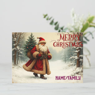Vintage Weihnachtsmann im schneebedeckten Wald – W Feiertagskarte