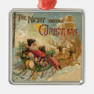 Vintage Weihnachtsmann in seinem Rentierschlitten- Silbernes Ornament