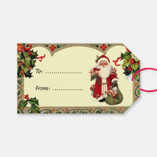 Vintage-Weihnachtsmann in Stechpalmenrahmen-Gesche Geschenkanhänger