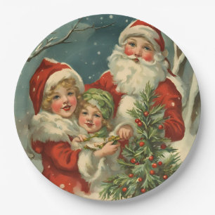 Vintage Weihnachtsmann, Kinder und Weihnachtsbaum Pappteller