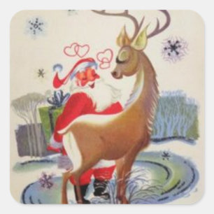 Vintage-Weihnachtsmann liebt seine Rentiere Quadratischer Aufkleber