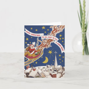Vintage-Weihnachtsmann mit fliegenden Rentieren Feiertagskarte