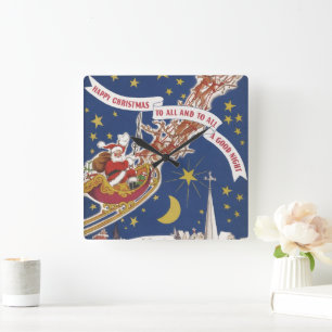 Vintage-Weihnachtsmann mit fliegenden Rentieren Quadratische Wanduhr