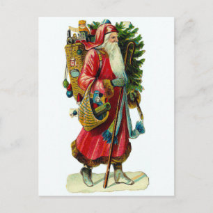 Vintage Weihnachtsmann mit Geschenken beladen. Feiertagspostkarte