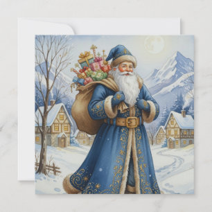 Vintage Weihnachtsmann mit Geschenken und Bergdorf Feiertagskarte