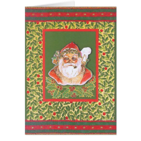 "Vintage-Weihnachtsmann mit Ilex", rot-grün Karte