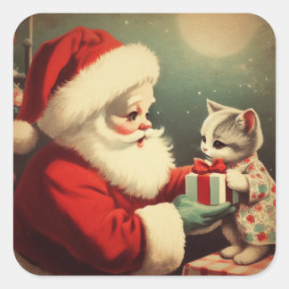 Vintage Weihnachtsmann mit Kätzchen Retro Weihnach Quadratischer Aufkleber