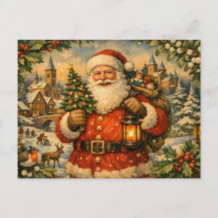 Vintage Weihnachtsmann mit Laterne Feiertagspostkarte