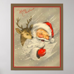 Vintage Weihnachtsmann mit Rentieren Poster