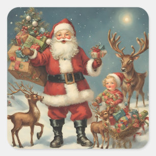 Vintage-Weihnachtsmann mit Rentieren und Geschenke Quadratischer Aufkleber
