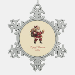 Vintage-Weihnachtsmann mit Spielzeugsack und lecke Schneeflocken Zinn-Ornament