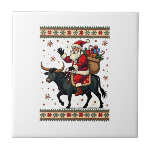 Vintage-Weihnachtsmann reitet auf Highland-Kuh Wei Fliese