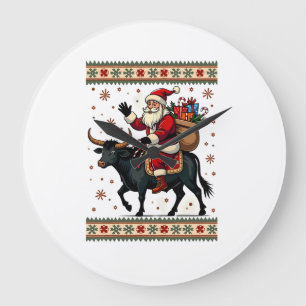 Vintage-Weihnachtsmann reitet auf Highland-Kuh Wei Große Wanduhr
