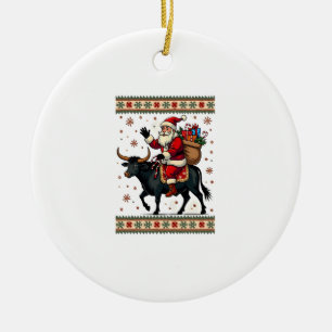 Vintage-Weihnachtsmann reitet auf Highland-Kuh Wei Keramik Ornament