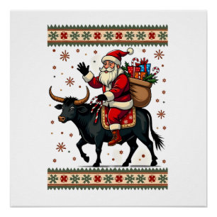 Vintage-Weihnachtsmann reitet auf Highland-Kuh Wei Poster