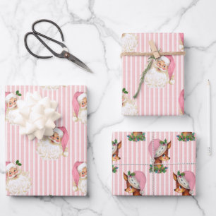 Vintage-Weihnachtsmann & Rentier Rosa Streifen Ges Geschenkpapier Set