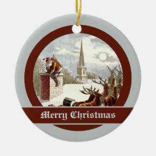 Vintage-Weihnachtsmann-Rentier-Schlitten-Ornamente Keramikornament