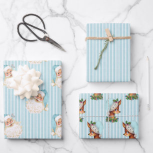Vintage-Weihnachtsmann & Rentier Türkisstreifen Geschenkpapier Set