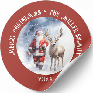 Vintage-Weihnachtsmann-Rentiere Personalisiert Runder Aufkleber