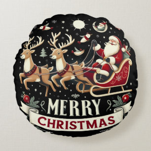 Vintage Weihnachtsmann & Rentiere Sternenhimmel We Rundes Kissen