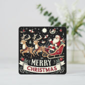 Vintage Weihnachtsmann & Rentiere Sternennacht Wei Einladung (Stehend Vorderseite)