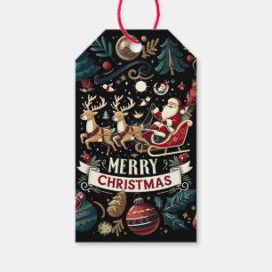 Vintage Weihnachtsmann & Rentiere Sternennacht Wei Geschenkanhänger